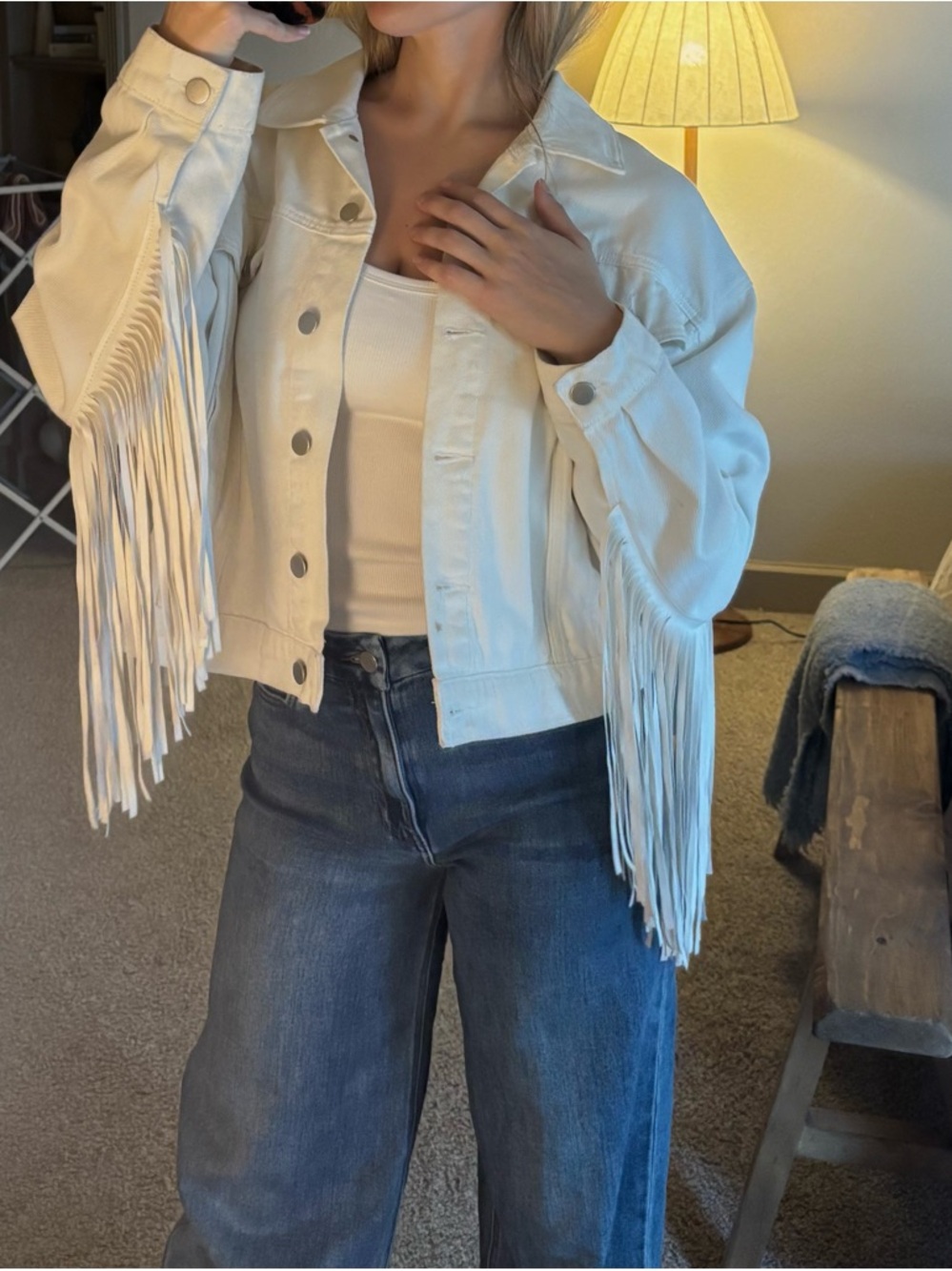 Fringe Trim White Denim Jacket - Women